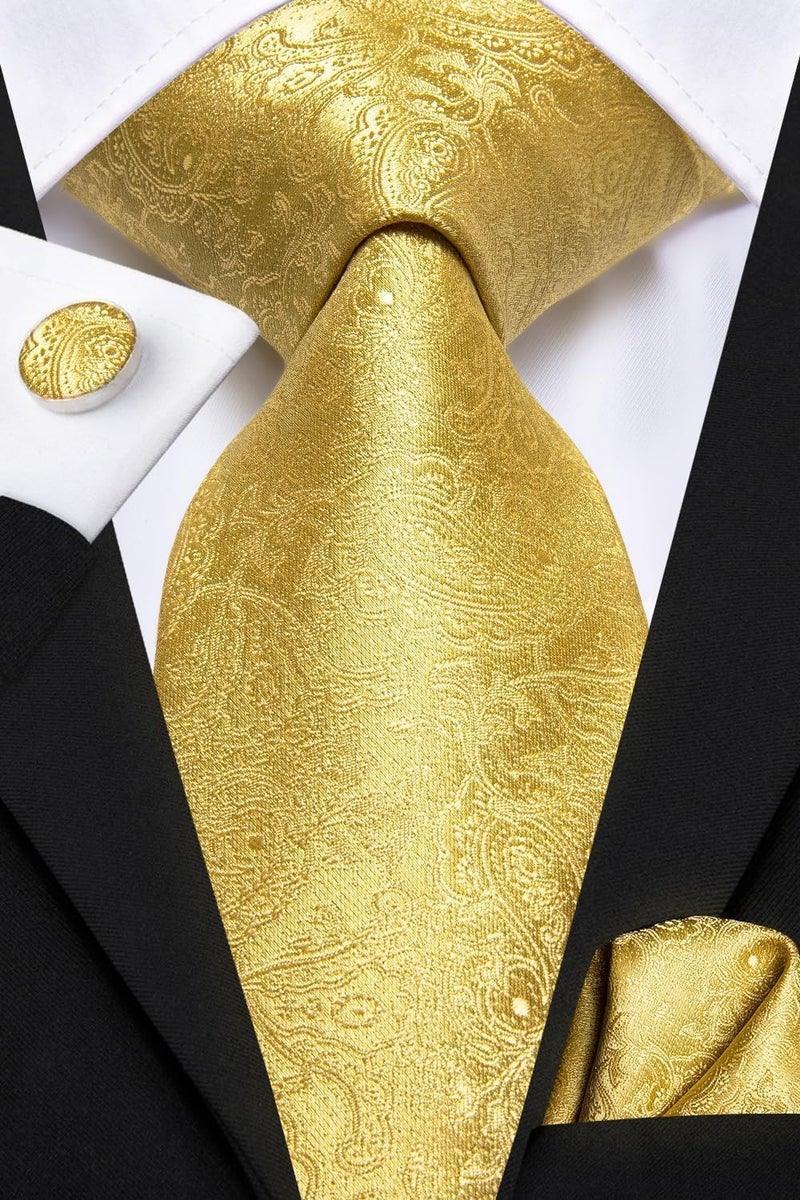 Dubulle Mens Tie and Lapel Pin Gold Paisley Striped Floral Necktie for Men Pocket Square Cufflinks Wedding Party - Image 2